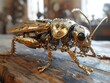 a gold robot grasshopper on top on a wooden table, in the style of hyper-realistic animal illustrations, charming character illustrations, ray tracing, liquid metal, bio