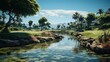 a golf course with palm trees, palm trees, golf balls, and coconut trees, in the style of sky-blue and indigo, captures the essence of nature, weathercore, green and bronze, princesscore