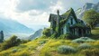 a green grassy field with a house on top, in the style of dreamy atmospheres, azure, spectacular backdrops, hd, romantic emotivity