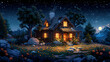A house in the woods at night, lit by the moonlight. In the dark of night, a cozy, quiet house with windows that let in light stands among trees.