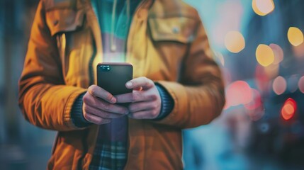 Aufkleber - Mobile smart phone being used by a man up close.