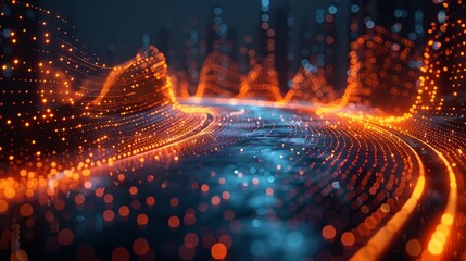 Poster - Big data connection technology concept with abstract polygon pattern connection and speed line light.