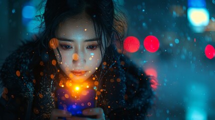 Aufkleber - A woman is on her phone in the street, with a nightlight behind her