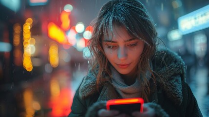 Aufkleber - The image shows a woman using her mobile phone in the street against a black background lit by the night light