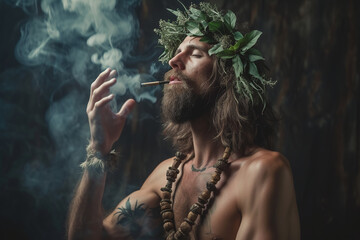 young bearded caucasian hippie man smoking marijuana and flower wreath in his hair, with marijuana plants