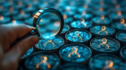 Aufkleber - A businessman holds a magnifier in his hands as he searches for human icons for the purpose of recruiting and development.