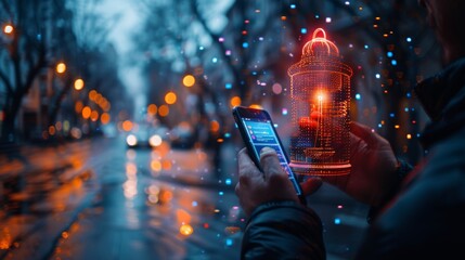 Poster - Businessman using smart phone with virtual bell ringing for application notification alert concept. Email, phone, chat, and shopping online are all examples of online notifications.