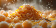 Leckere Spaghetti mit Basilikum und fliegenden Parmesan auf dem Teller wunderschön angerichtet, ai generativ