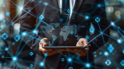 Poster - Concept of global business and global currency exchange, money, finance, a businessman holding a tablet with a virtual world map and connection line effect, and the dollar, yuan, yen, euro, and pound