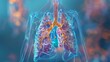 This image provides a detailed visualization of the human respiratory system, highlighting the bronchial tree and lung vasculature with a digital overlay.