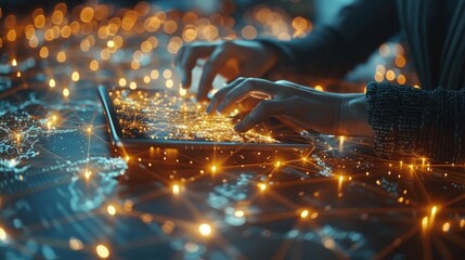 Aufkleber - Management of Customer Relationships, Businessman uses tablet with global structure customer networking technology, Data exchange development, customer service, social media, and internet marketing.