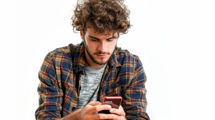 Aufkleber - An isolated white background shows a man using his mobile smart phone