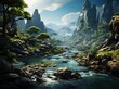 a landscape area with waterfalls in a river near mountains, in the style of cultural themes, webcam photography, 32k uhd, terraced cityscapes, dark emerald and light azure