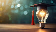 © Your Hand Please - glowing light bulb adorned with a graduation cap, representing innovation and academic achievement