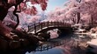 a large bridge in a forest that has pink flowers on it, in the style of infrared, photo-realistic landscapes, webcam photography, high quality photo, pure color