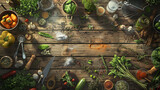 Fototapeta  - High Angle View of Rustic Wooden Kitchen Table with Cooking Ingredients