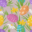 Seamless background for Easter. Trendy Easter vector illustration with hand drawn eggs, flowers and grass. Creative banner for design of party, flyer, celebration, branding, cover, card, sale.