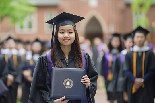 Portrait of Asian girl student graduate during graduation outdoor ceremony at university, proud college woman holding her diploma and wearing graduation cap and gown