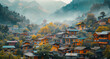 Beautiful view of mountain village in china with lots of small houses stay very close to each other 
