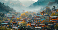 Beautiful View Of Mountain Village In China With Lots Of Small Houses Stay Very Close To Each Other 