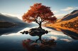 a lone tree in a lake with mountains and sun behind it, in the style of light sky-blue and dark gold, highly detailed foliage, photography installations,art, clear edge definition, applecore, neo-clas