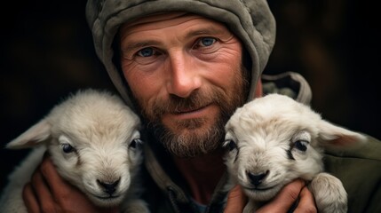 Tender care by shepherd proud and gentle smile new life backdrop