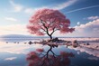 a lone tree on the water. hd wallpaper, in the style of light magenta and dark azure, romantic atmosphere, capturing moments, captivating documentary photos