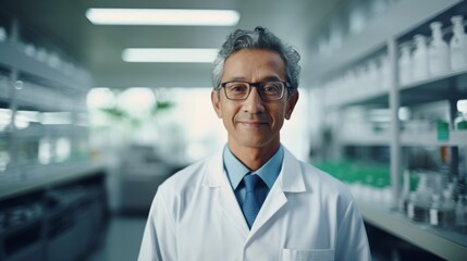 Poster - Chemist's tranquil smile successful experiment adorned research hint