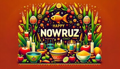 Poster - Illustration in flat style for persian new year with beautiful decoration and text happy nowruz.