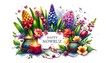 Watercolor illustration for persian new year with colorful flowers and decoration with the text happy nowruz.