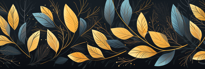 Wall Mural - Elegant golden and blue leaf banner on black background. Panoramic web header. Wide screen wallpaper