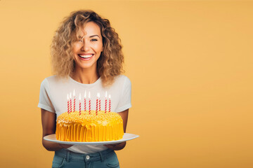 Beautiful happy young woman stand over yellow background, holding birthday cake with candle on a plate