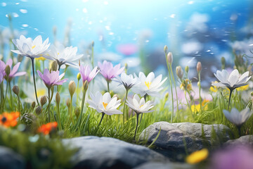 Wall Mural - White and purple flowers blooming by lakeside