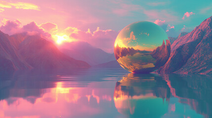 Poster - Surreal vaporwave scene with golden ball on the landscape with mountains and sea. 90s styled abstract surreal pink composition.