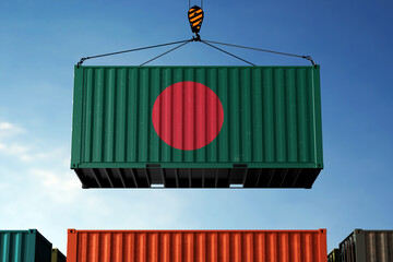 Wall Mural - Bangladesh trade cargo container hanging against clouds background