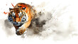 A fierce tiger emerging from a cloud of watercolor splashes, embodying strength and wilderness. AI-generated.