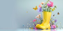 Spring Blossoms And Butterflies In Yellow Wellingtons. Artistic Floral Design With Springtime Elements. Fresh Spring Flower Arrangement With Flying Butterflies.