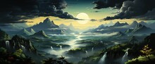 A Panorama With Beautiful Mountains And Sunlight Above It, In The Style Of Confucian Ideology, Dark Yellow And Dark Emerald, Sunrays Shine Upon It, Capturing Moments, Romanticized Views, Creative Comm