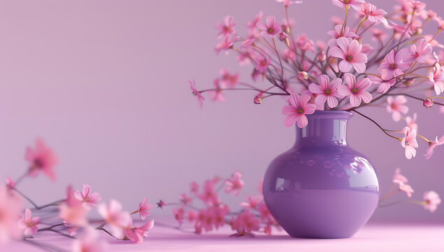 a purple vase with pink flowers on a pink background 