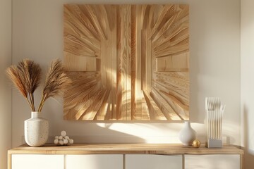 white dresser with a wooden wall mounted wall art, in the style of linear patterns, kinetic artwork, symmetrical arrangement, oku art, two dimensional, large canvas paintings, rendered in cinema4d