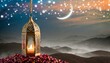 Ramadan Kareem greeting card. An illuminated ramadan lantern against blue night sky with an crescent moon. Invitation for Muslim holy month Ramadan Kareem.