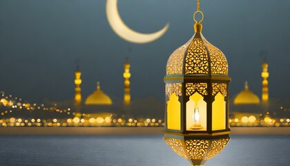 Ramadan Kareem greeting card. An illuminated ramadan lantern against blue night sky with an crescent moon. Invitation for Muslim holy month Ramadan Kareem.