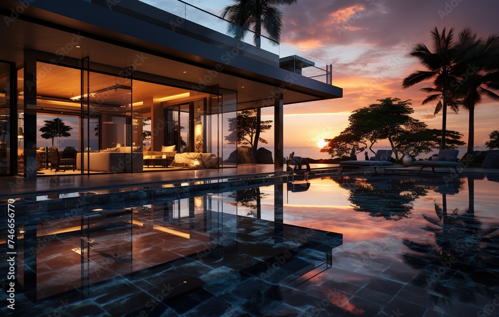 a pool at sunset in the evening, in the style of mirror rooms, impressive skies, polished concrete, timeless elegance, light indigo and gray, ethereal seascapes, 32k uhd