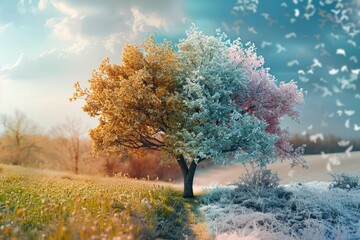 Poster - A serene image of a tree in a vast field with birds flying around. Suitable for nature and wildlife themes