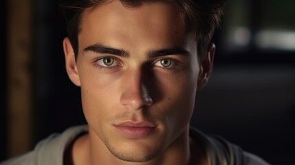 Poster - A detailed shot of a young man's face, focusing on his striking green eyes. Suitable for various projects and designs