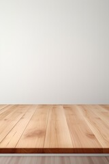 Poster - Simple wooden table with white wall background. Suitable for home decor or interior design concepts