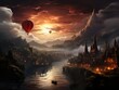 a red paraglider in flight over a small town, in the style of made of mist, 32k uhd, imposing monumentality, lush scenery, school