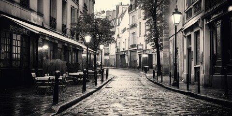 Poster - A black and white photo of a cobblestone street, suitable for various design projects