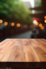 Poster - A wooden table with blurry lights in the background. Suitable for various design projects
