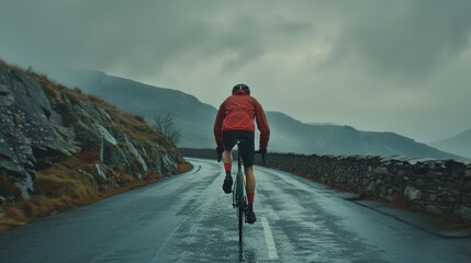Poster - A man riding a bike on a wet road, suitable for transportation concepts